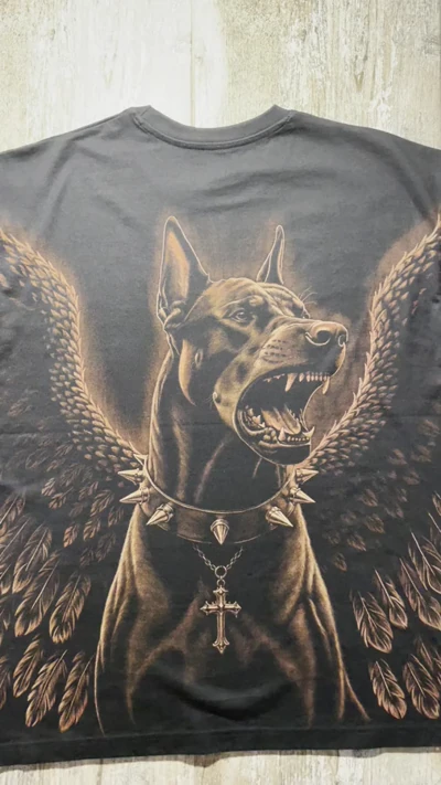 Full back view of a Doberman T-shirt with angel wings and hand-painted gothic bleach art