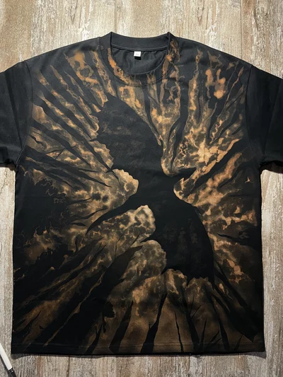 Black Dragon T-shirt with a hand-painted bleach art silhouette shown in full