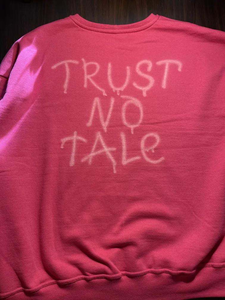 Rückansicht eines pinken Sweatshirts mit dem Schriftzug „Trust No Tale“ im Bleach-Art-Stil