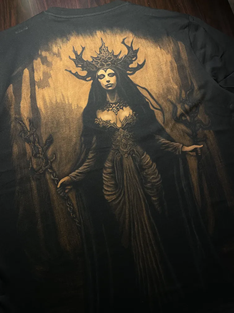 Forest goddess bleach art illustration covering the back of a black t-shirt