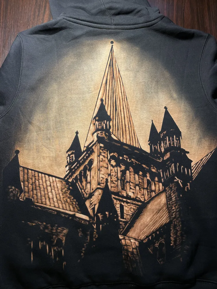 Gothic architecture bleach art illustration covering the back of a black hoodie