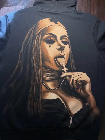 Back view of hand-painted gothic nun bleach art hoodie XL with full back illustration