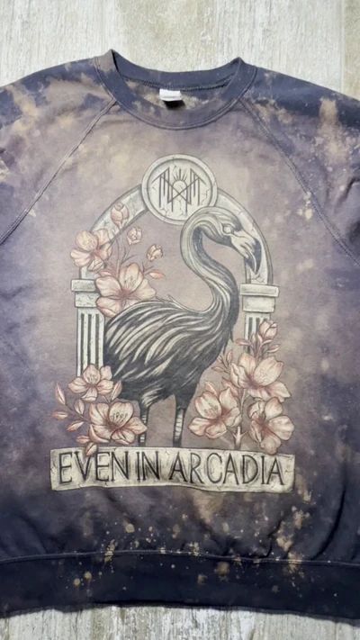 Close view of the flamingo and floral Even In Arcadia design on the front of the sweatshirt