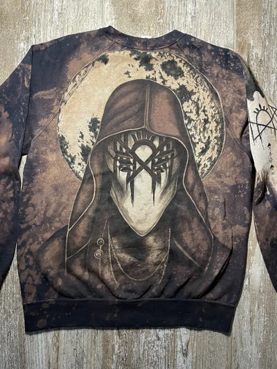 Full back view of a black Sleep Token sweatshirt with a hand painted Vessel portrait against the full moon
