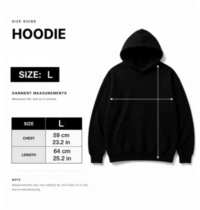 Size guide for Harley Quinn–Inspired Painted Winter Fleece Hoodie (L), chest and length measurements in cm and inches