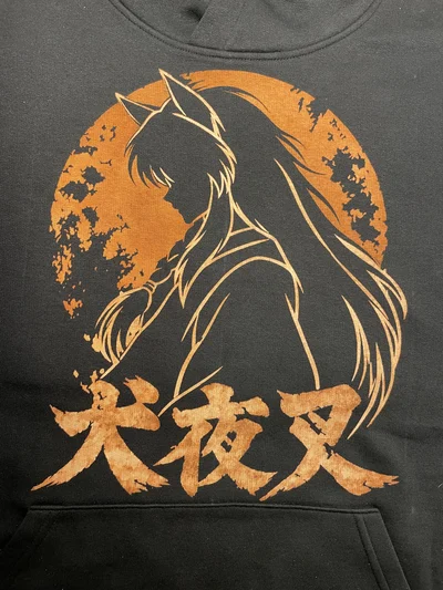 Close up of the hand painted Inuyasha silhouette and Japanese kanji created entirely with bleach