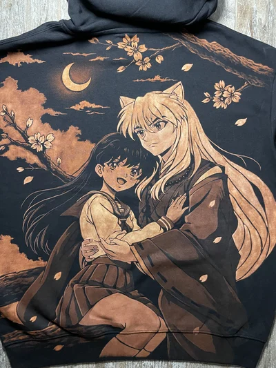 Closer back view of the Inuyasha and Kagome bleach art scene beneath a crescent moon and flowering branches
