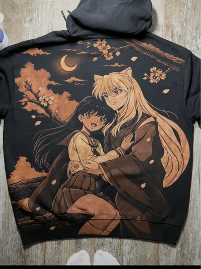 Full back view of a black Inuyasha and Kagome hoodie with a large hand painted bleach art anime scene