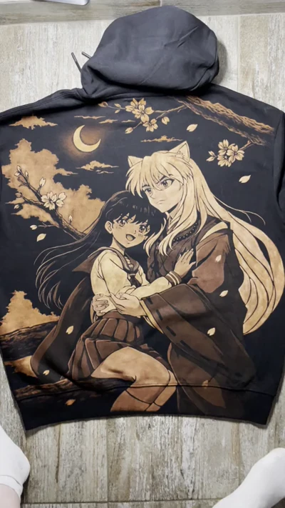 Video showing the full back of an Inuyasha and Kagome hoodie with a large hand painted bleach art scene