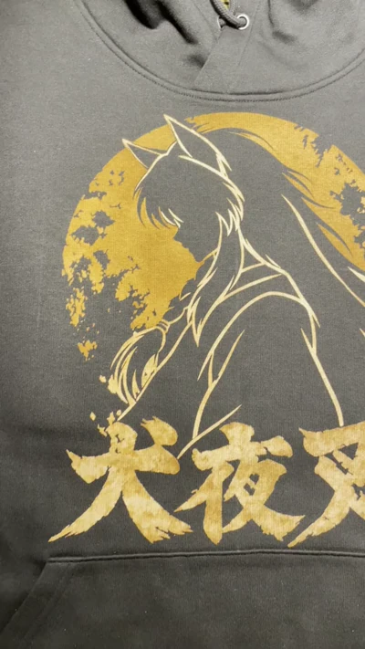 Video showing the full front design of an Inuyasha hoodie with a bleach art silhouette and Japanese lettering
