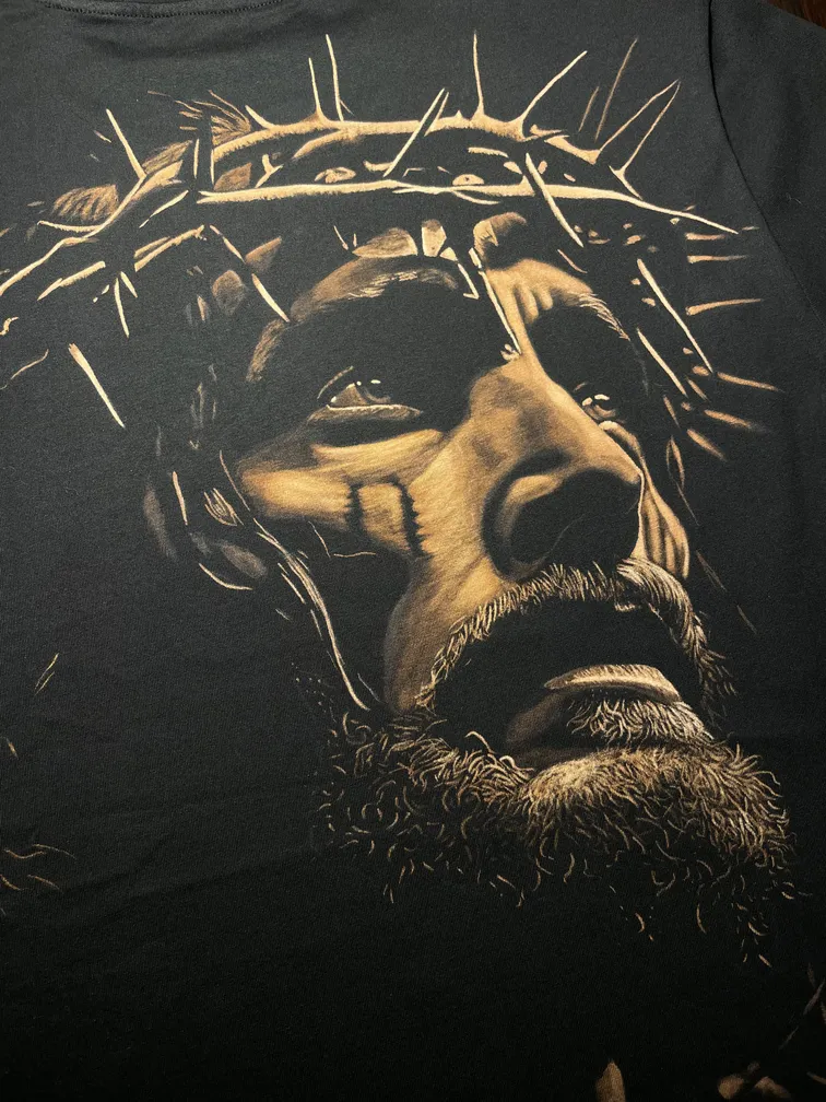 Close-up of a Jesus Christ illustration painted in bleach art style