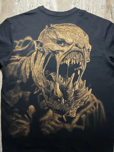 Closer back view of the handmade Lifestealer bleach art design on a black Dota 2 T-shirt
