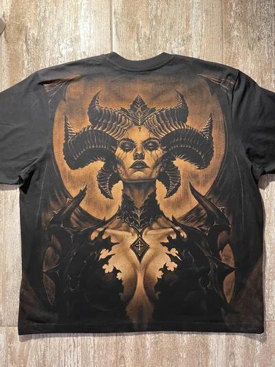 Handmade Lilith Diablo 4 Bleach Art T-Shirt with detailed hand-painted artwork on the back