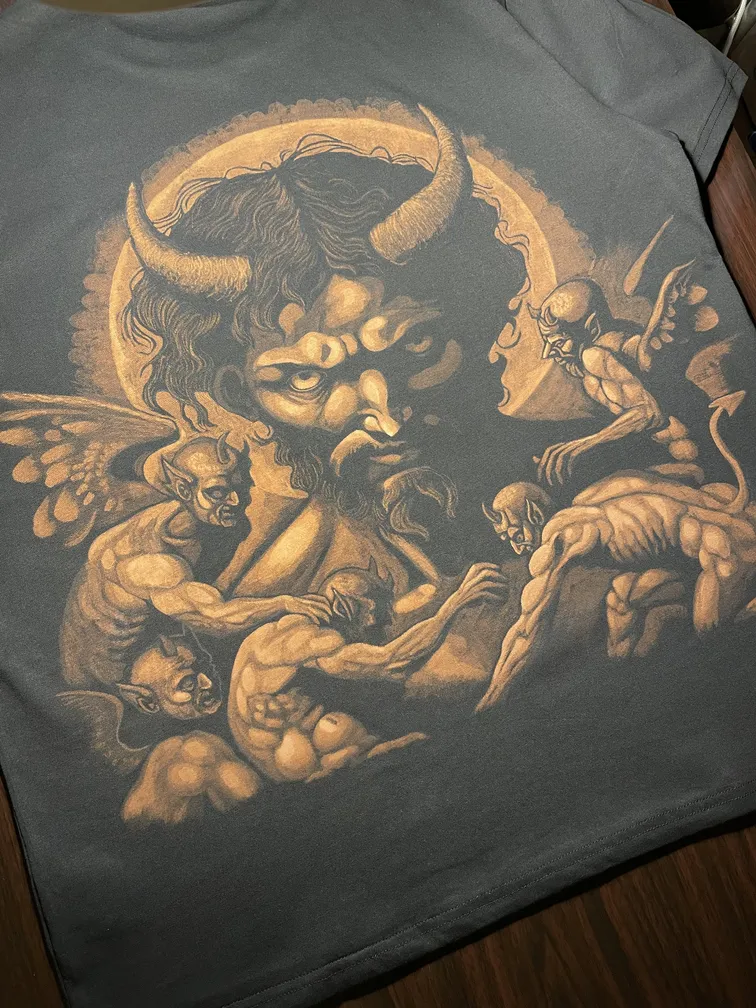 Luciferian angel bleach art illustration covering the back of a black t-shirt