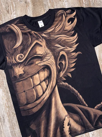 Black Luffy Gear 5 anime T-shirt with handmade bleach art design viewed from a different angle