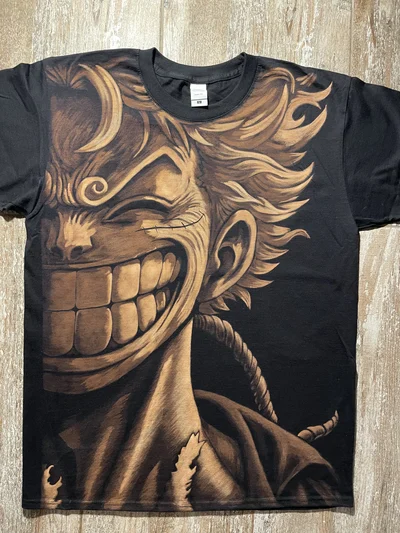 Hand-painted Luffy Gear 5 bleach art T-shirt inspired by One Piece with full front design on black cotton shirt