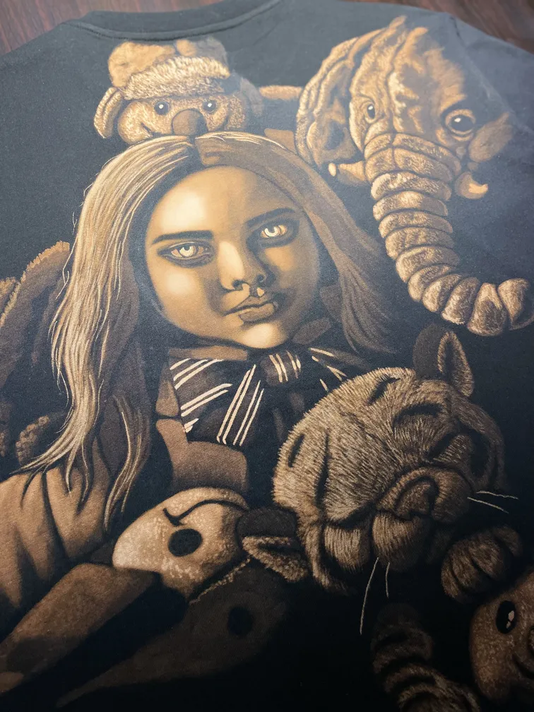 Close-up of a creepy robotic doll illustration in bleach art style