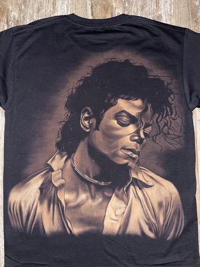 Back of a Michael Jackson Bleach Art Shirt with detailed portrait artwork in close-up view