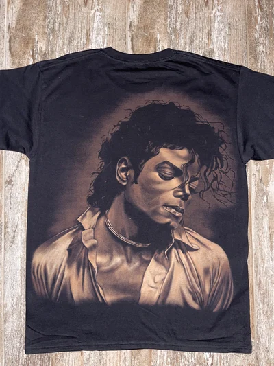 Michael Jackson Bleach Art T-Shirt back view featuring a large hand-painted portrait on black cotton