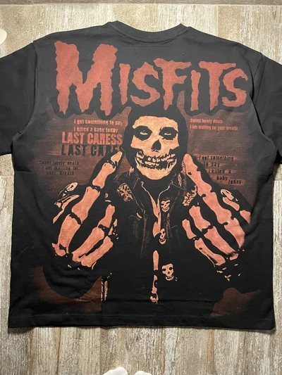 Full back view of a black Misfits T shirt with a hand painted Glenn Danzig portrait in skull makeup