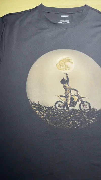 Video of handmade motorcycle moon bleach art T-shirt with detailed bleach painting