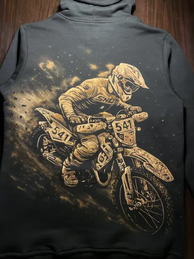 Full back view of hand painted bleach art hoodie with motorcycle racer design