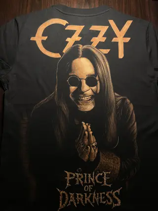Full back view of hand painted bleach art T-shirt with Ozzy Osbourne portrait