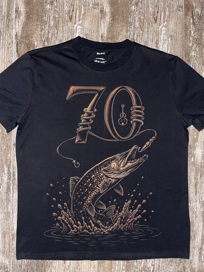 Hand painted t-shirt fishing shirt featuring a jumping pike and number 70 on a black 100% cotton 3XL fishing shirt