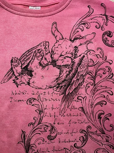 Nahaufnahme des kleinen geflügelten Hasen und der ornamentalen Cybersigilism-Details auf der Vorderseite eines rosa Sweatshirts