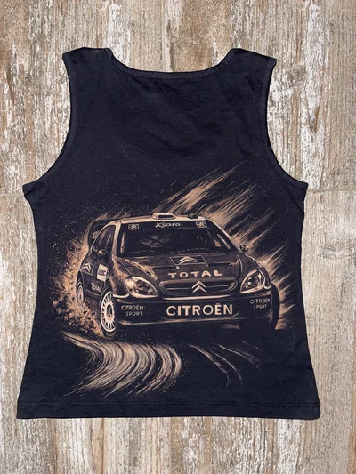 Hand-painted rally car tank top with Citroën rally car artwork on the back