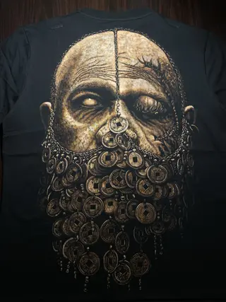 Hand-painted zombie bleach art T-shirt inspired by the film Rigor Mortis, full back view on black cotton fabric