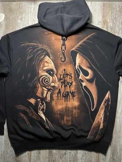 Full back view of a black bleach art horror hoodie featuring Ghostface, Billy the Puppet and the words I Want to Play a Game