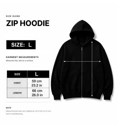 Size guide for Hand Painted Skeleton & Magnolia Bleach Art Zip Hoodie (L), chest and length measurements in cm and inches