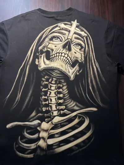 Full back view of hand-painted skeleton nun bleach art oversized T-shirt M