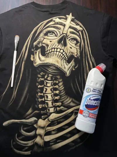 Skeleton nun bleach art design with bleach bottle and paintbrush on black T-shirt