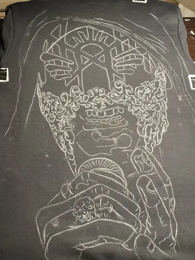 Chalk sketch of the singer portrait for a Sleep Token inspired bleach art hoodie, back design