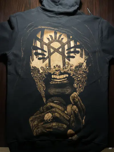 Hand-painted Sleep Token inspired bleach art portrait on the back of a black fleece hoodie