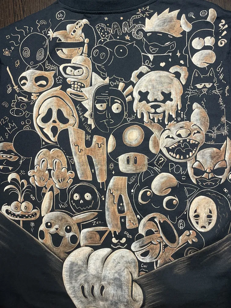 Close-up of a sticker collage bleach art design with layered graphic elements