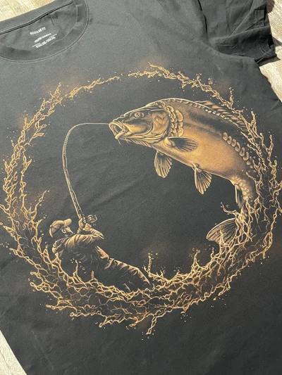 Nahaufnahme eines handgemalten Spiegelkarpfens mit Angler auf einem T Shirt Angeln