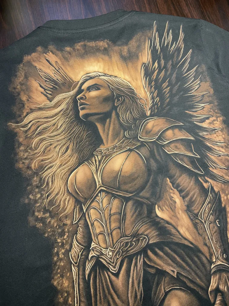 Close-up of a Valkyrie warrior illustration with sword and wings in bleach art style