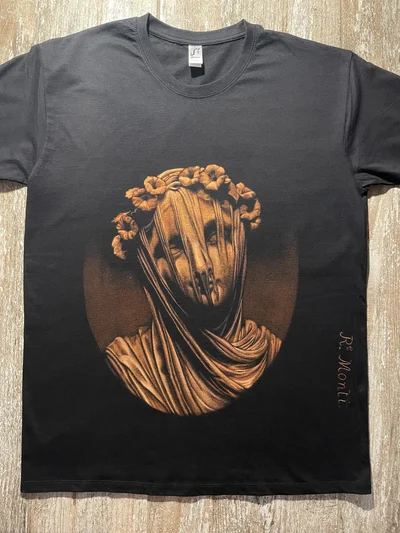 Veiled Vestal Virgin bleach art T-shirt inspired by Rafaelle Monti marble statue on black cotton fabric full front view
