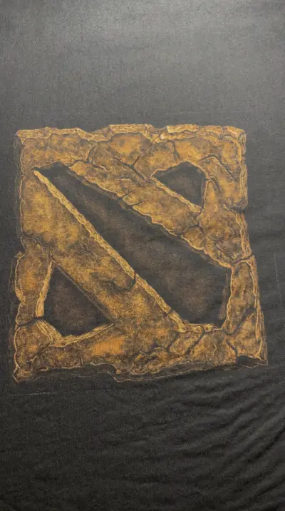 Back view of a black bleach art t-shirt with a Dota 2 stone-style logo hand-painted with bleach