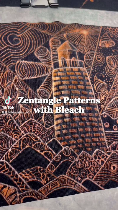 Zentangle Bleach Art auf schwarzem Stoff – detaillierter Muster Zeichenprozess